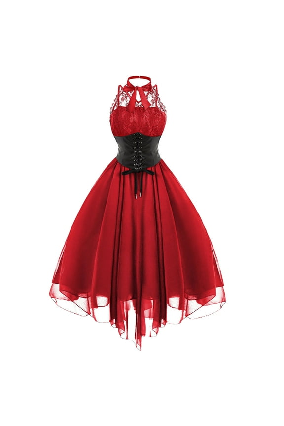 QENGING Spring Dresses for Women Gothic Style Sexy Banquet Festival Shirt Dress Lace Chiffon Dress Red 2023 Casual