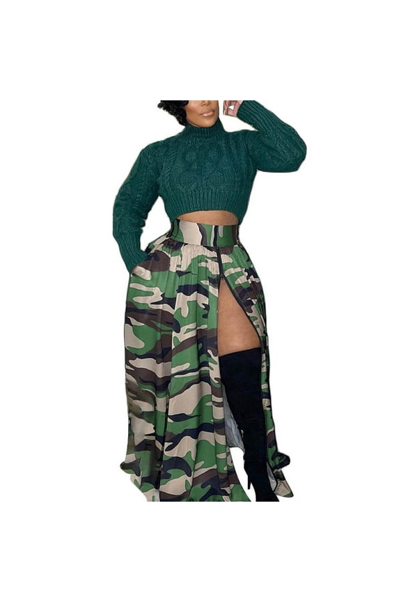 QENGING Summer Skirts for Women Flare Camouflage Print Zipper Slit Elastic Stretchy High Waisted Maxi Skirt Casual