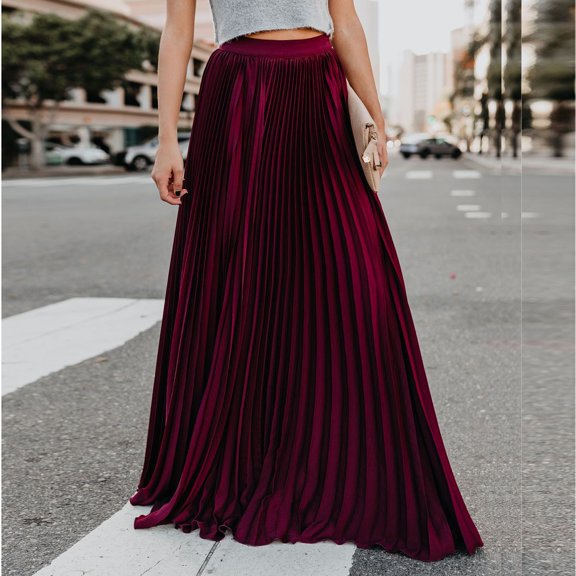 QENGING Summer Skirts for Women Flare High Waist Fold Soild Vintage Loose Beach Wrap Maxi Long Skirt Casual