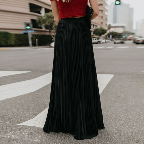 QENGING Summer Skirts for Women Flare High Waist Fold Soild Vintage Loose Beach Wrap Maxi Long Skirt Clothes