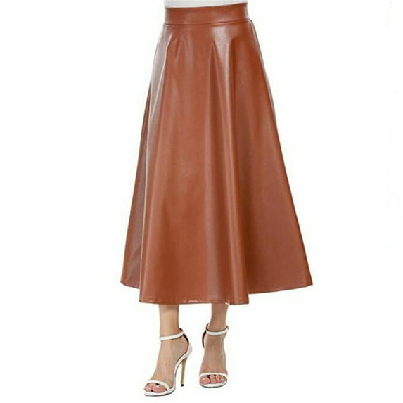 QENGING Summer Skirts for Women Flare Leather Skirt Long Skirt High Waist Skirt