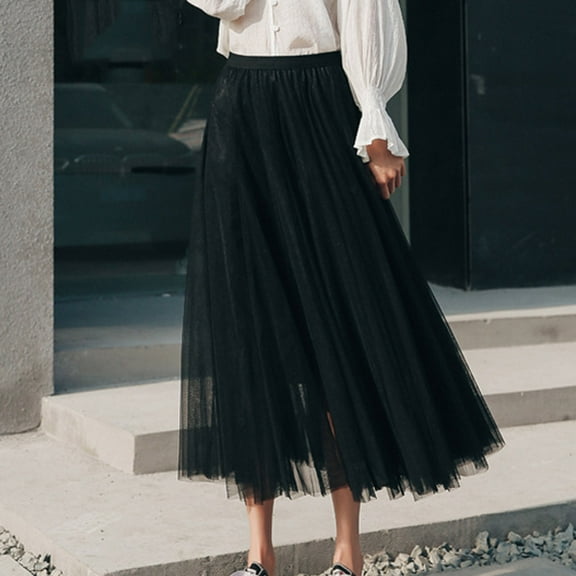 QENGING Summer Skirts for Women Flare Solid Skirt Strap Ladies Floral Skirts Mesh High Waist Skirt Pleated Skirt Casual