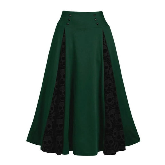 QENGING Summer Skirts for Women Plus Size Lace Patchwork High Waist Midi Skirt Gothic Pleated Skirt Casual