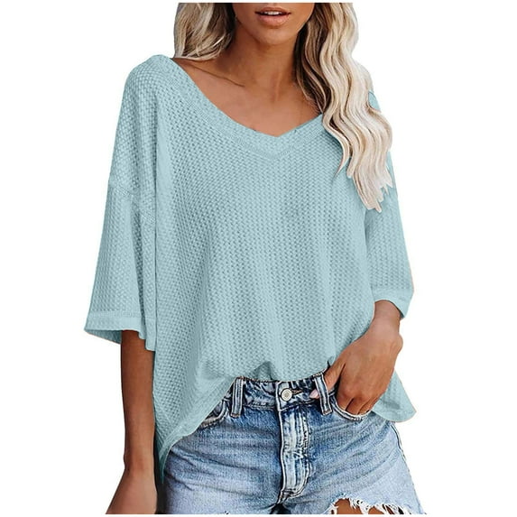 QENGING Summer Tops for Women 2023 Trendy Casual Loose Short Sleeve Pullove Solid Blouse T-Shirt