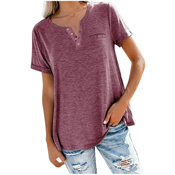 QENGING Summer Tops for Women 2023 Trendy Solid Color V-Neck Button T-shirt Tee Short Sleeve Loose Blouse