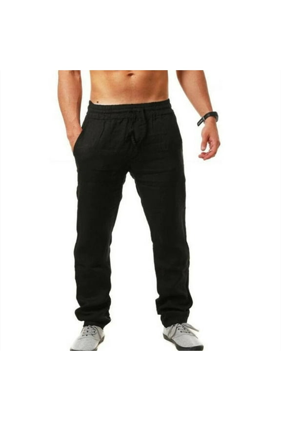 Sweat Pants for Men Elastic Solid Color Breathable Cotton Linen Loose Casual Pants S