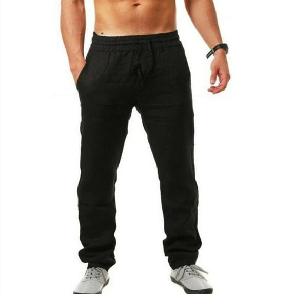 QENGING Sweat Pants for Men Elastic Solid Color Breathable Cotton Linen Loose Casual Pants XL Deals Clearance