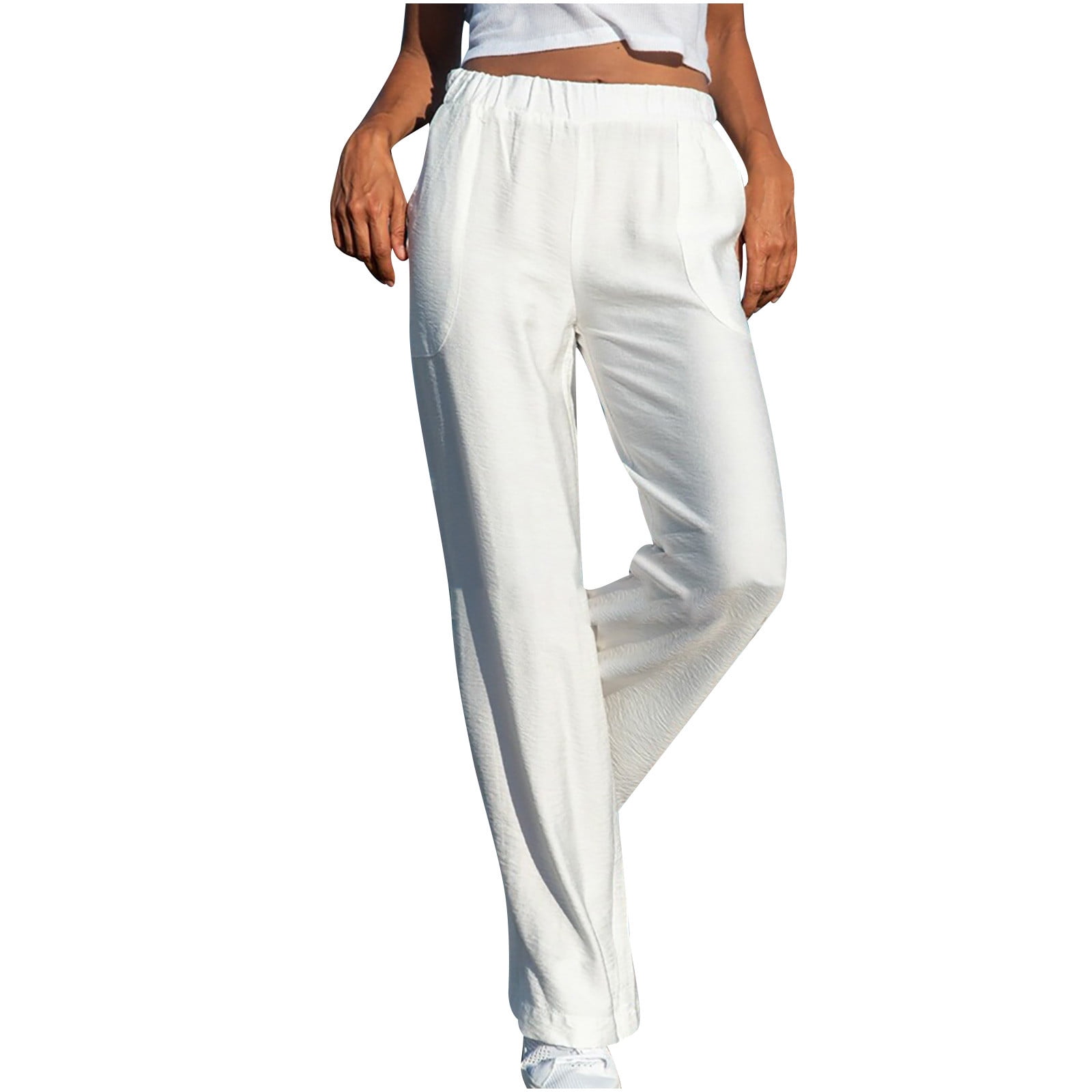 BUIgtTklOP Pants for Women Casual Solid Cotton Linen Drawstring Elastic  Waist Long Wide Leg Pants 