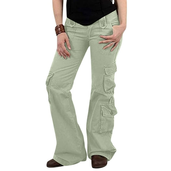 QENGING Women's Pants Wide Leg Solid Trousers Hippie Punk Streetwear Jogger Pocket Loose Overalls Long Trousers