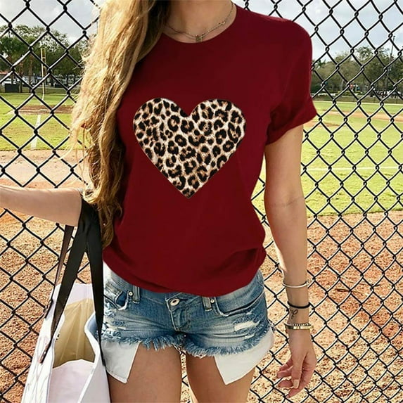 QENGING Women's Short Sleeve Heart Printed Round Neck Plus Size T-shirt Blouse Loose Juniors Tops