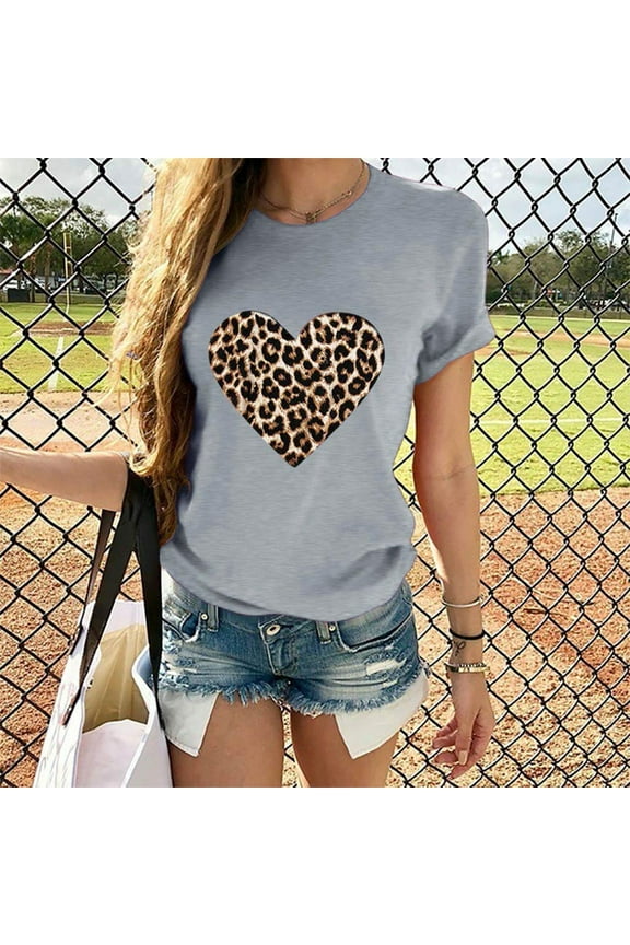 QENGING Women's Short Sleeve Heart Printed Round Neck Plus Size T-shirt Blouse Loose Juniors Tops