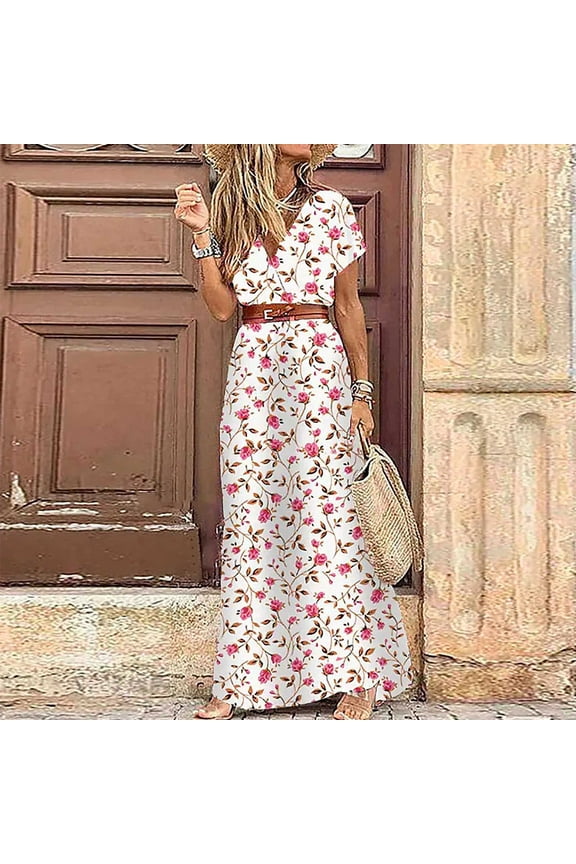 Womens Dresses Plus Size Casual Short Sleeve Boho Floral Printed V-Neck with Belt Swing Long Dresses White on 2023