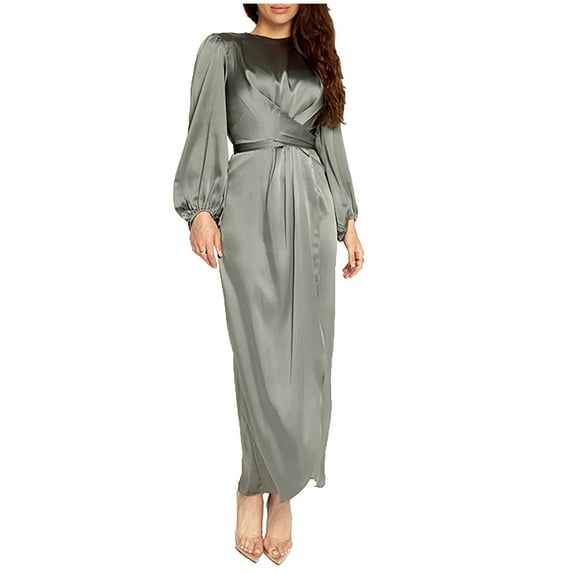 QENGING Womens Dresses Plus Size Loose Casual Dress Solid Color Round Neck A-Line Long Sleeve Dress Army Green on Clearance 2023