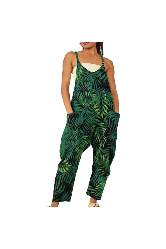 Womens Pants Floral Rompers Plus Size Baggy Pocket Jumpsuit Playsuit Trousers Overalls Sling Jumpsuit Green 2XL on Clearance