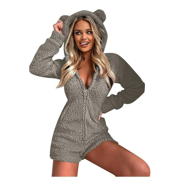 QENGING Womens Pants Long Sleeve Hooded Jumpsuit Pajamas Casual Winter Warm Rompe Sleepwear Gray L on Clearance