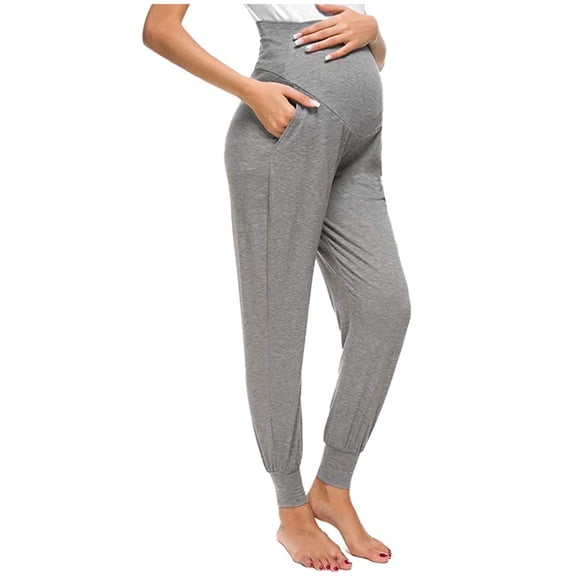 QENGING Womens Pants Maternity Print Solid Color Casual Stretchy Comfortable Lounge Sweatpants Gray M on Clothes