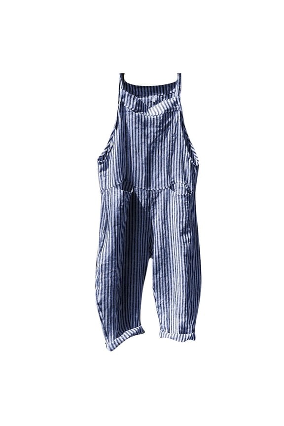 Womens Pants Pocket Bandage Sleeveless Jumpsuit Stripe Bodysuit Playsuit Romper Blue 2XL on Clearance