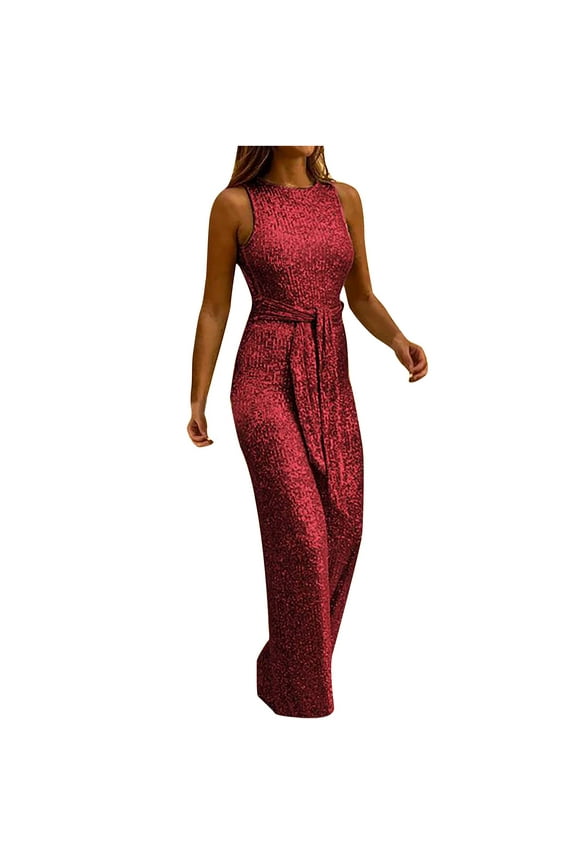 QENGING Womens Pants Sexy Zipper Bandage Sequins Solid Color Backless V-Neck Sleeveless Jumpsuit Wine M on Clothes