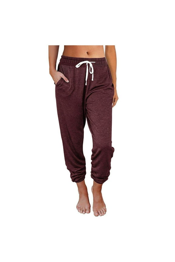 QENGING Womens Pants Solid Color Workout Pants Comfortable Leisure Pocket Nine-Point Sweatpants Red L on Clearance