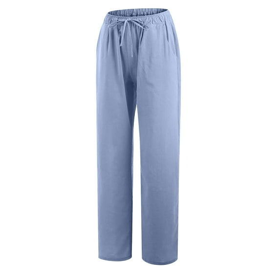 QENGING Womens Pants Solid Cotton Linen Drawstring Elastic Waist Long Wide Leg Sweatpants Light Blue XL on Clothes