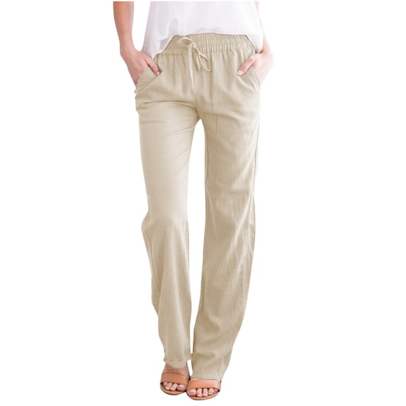 QENGING Womens Pants Summer Lounge Pants Plus Size Cotton Leggings Pocket Solid Trousers Sweatpants Beige L on Clearance