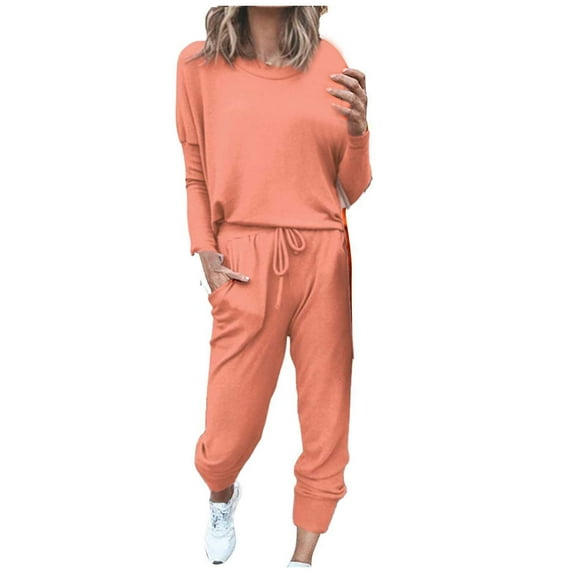 QENGING Womens Pants Two-Piece Sweatpants Solid Casual Top Sets Long Sleeve Stretch Sweatpants Watermelon Red 3XL on Valentine's Day Women's Tops