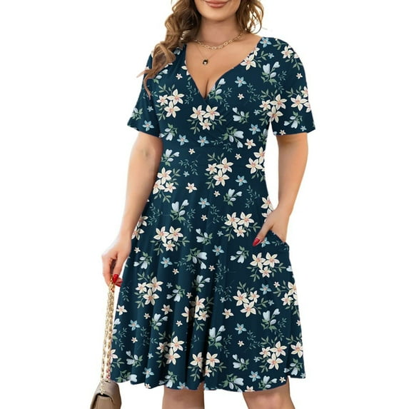 QENGING Womens Plus Size Dresses Flare Casual Floral Printed Round Neck Plus Size Short Sleeve Skirt Midi Dress Deals