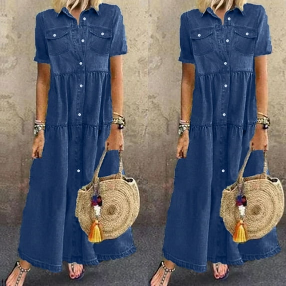 QENGING Womens Plus Size Dresses Flare Casual Multi-button Denim Skirt Multi-pocket Denim Skirt Clothes