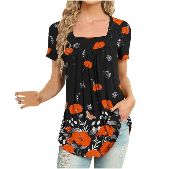 QENGING Womens Tops Plus Size Floral Printed Casual V-Neck Short Sleeve Loose T-Shirt Pullover Red L Summer