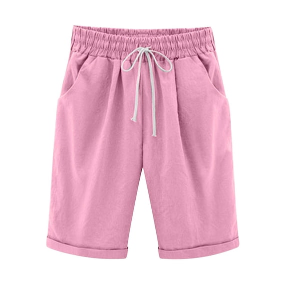 QENGING Workout Shorts for Women Linen Solid Five Points Large Size Cotton Linen Pants Casual Pants Summer Rollback Pink L