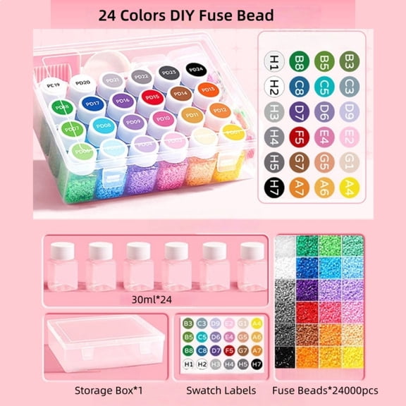 QEQEKAKA Fuse Beads Set, 24 Colors with 1000 Beads per Color, Comes with Storage Box & Label Stickers for DIY Crafts