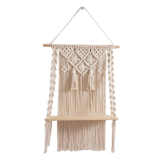 QEQEKAKA Macrame Wall Shelf 44x65 cm, Handwoven Cotton Rope Boho Hanging Shelf with Fringe Tassels, Rustic Wood Floating Display for Living Room Bedroom Kitchen, Home Decor with 1 Invisible Nail