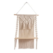 QEQEKAKA Macrame Wall Shelf 44x65 cm, Handwoven Cotton Rope Boho Hanging Shelf with Fringe Tassels, Rustic Wood Floating Display for Living Room Bedroom Kitchen, Home Decor with 1 Invisible Nail