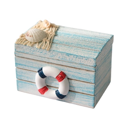QEQEKAKA Mini Mediterranean Wooden Treasure Chest Jewelry Box, Nautical Storage Box with Starfish Anchor Sailboat Lifebuoy Resin Decor, Small Rustic Keepsake Organizer, Beach House Desk Decor Gift