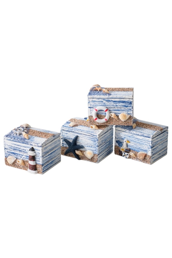 Set of 4 Wooden Jewelry Box, Mediterranean Nautical Keepsake Storage Box with Starfish Seashell Anchor, Small Rustic Trinket Organizer for Rings Earrings, Coastal Home Decor Gift for Women