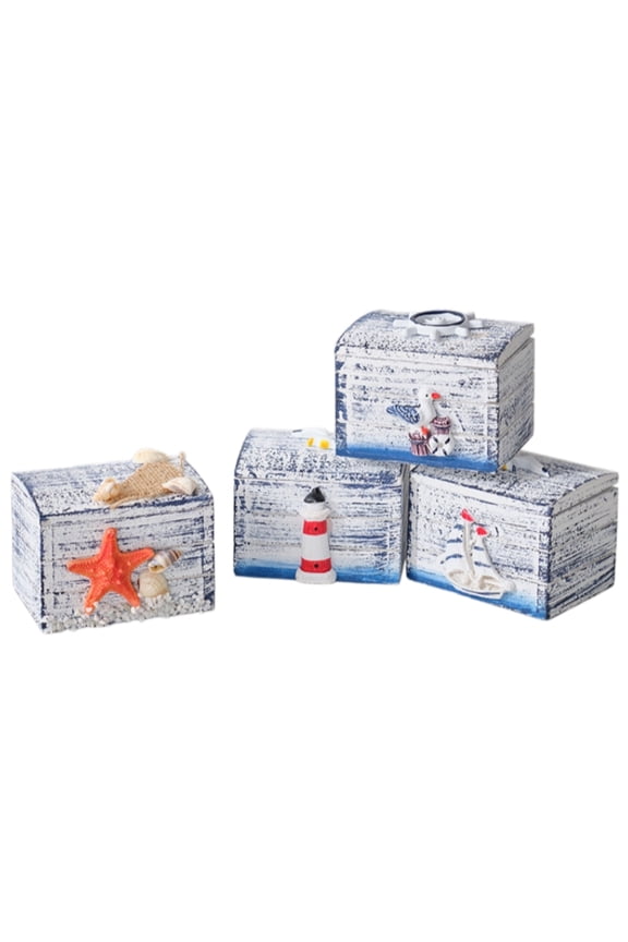 Set of 4 Wooden Jewelry Box, Mediterranean Nautical Keepsake Storage Box with Starfish Seashell Anchor, Small Rustic Trinket Organizer for Rings Earrings, Coastal Home Decor Gift for Women