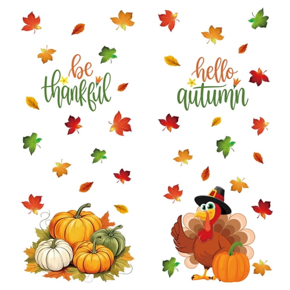 QEQEKAKA Thanksgiving Window Clings, Double Sided Fall Stickers with Turkey Pumpkin Fall Leaves, Static Cling Autumn Window Decals Reusable No Glue for Home Office Glass Door Thanksgiving Decorations