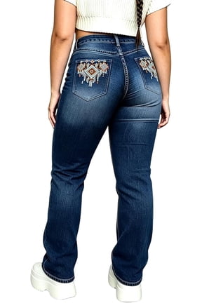 Plus Size Bootcut Jeans Women - Western Flare Jeans with Aztec Embroidered Stretchy Denim Pants Curvy