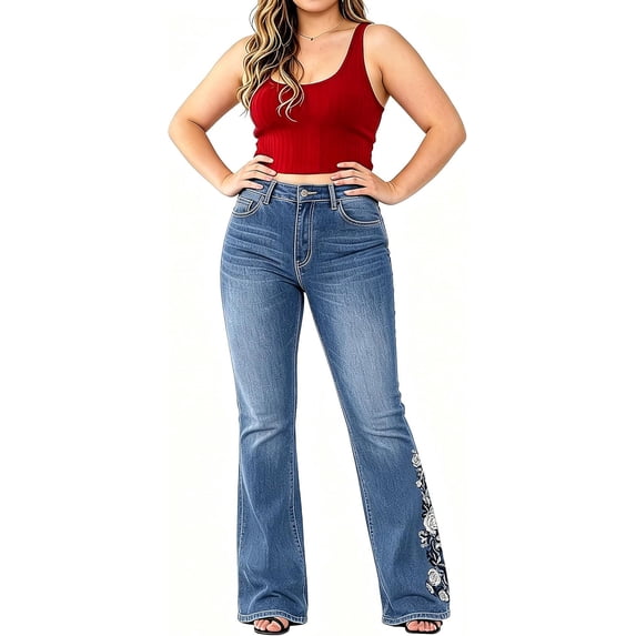 QERINTE Womens Plus Size Bootcut Jeans High Waisted Stretchy Flare Jean Embroidery Denim Casual