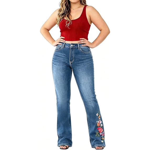 QERINTE Womens Plus Size Bootcut Jeans High Waisted Stretchy Flare Jean Embroidery Denim Casual