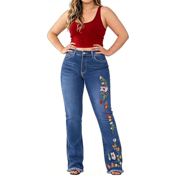 QERINTE Womens Plus Size Bootcut Jeans High Waisted Stretchy Flare Jean Embroidery Denim Casual