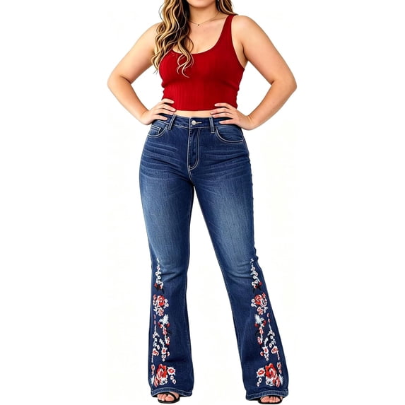 QERINTE Womens Plus Size Bootcut Jeans High Waisted Stretchy Flare Jean Embroidery Denim Casual