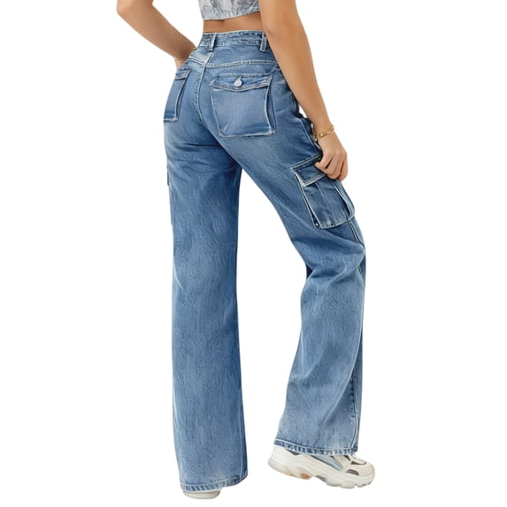 QERINTE Womens Plus Size Cargo Jeans Women Stretch Straight Leg Jean High Waist Wide Leg Baggy Boyfriend Jeans