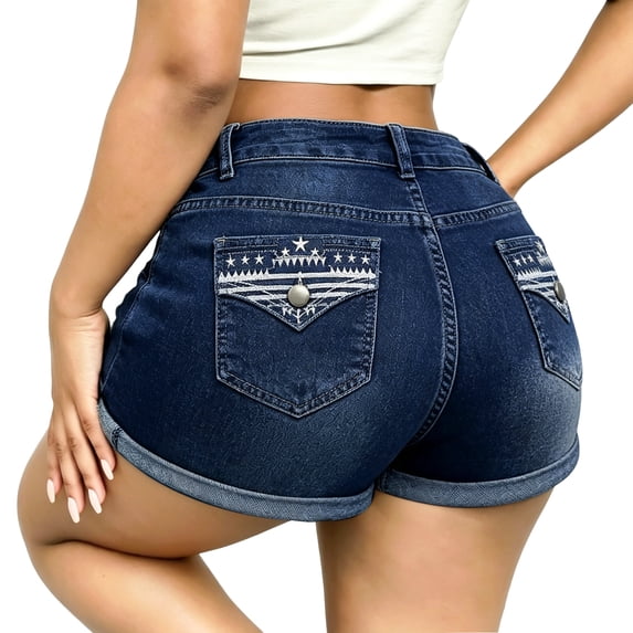 QERINTE Womens Plus Size High Waisted Shorts Stretchy Embroidery Summer Blue Denim Shorts