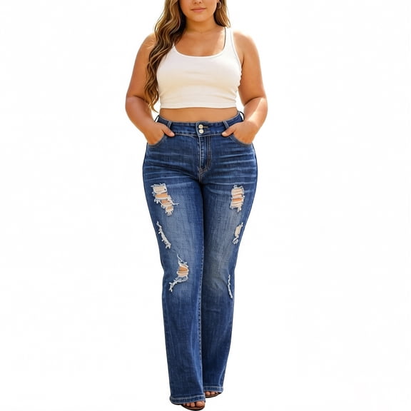 QERINTE Womens Plus Size Ripped Bootcut Jeans High Waisted Stretchy Jeans Denim