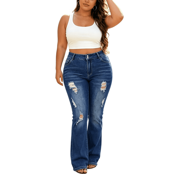 QERINTE Womens Plus Size Ripped Bootcut Jeans High Waisted Stretchy Jeans Denim