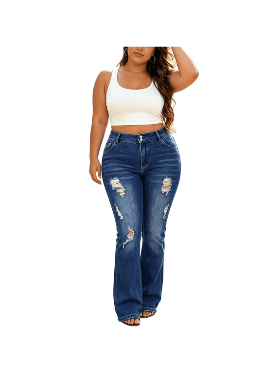 Womens Plus Size Ripped Bootcut Jeans High Waisted Stretchy Jeans Denim