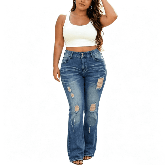 QERINTE Womens Plus Size Ripped Bootcut Jeans High Waisted Stretchy Jeans Denim