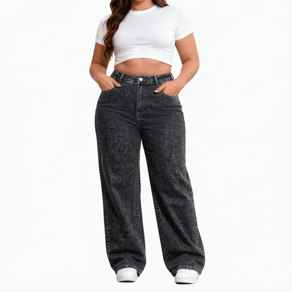 QERINTE Womens Plus Size Wide Leg Jeans High Waisted Stretchy Baggy Jean Denim Casual
