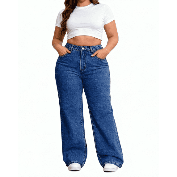 QERINTE Womens Plus Size Wide Leg Jeans High Waisted Stretchy Baggy Jean Denim Casual